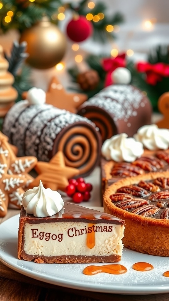 Festive Christmas Dinner Desserts A variety of Christmas desserts including gingerbread cookies, chocolate yule log, eggnog cheesecake, and pecan pie on a festive table.
